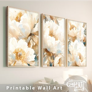 Large Beige Peony Set of 3 Watercolour Painting Close Up Printable Poster Peonies Flowers Wall Art Gallery Peony Artwork Floral Print