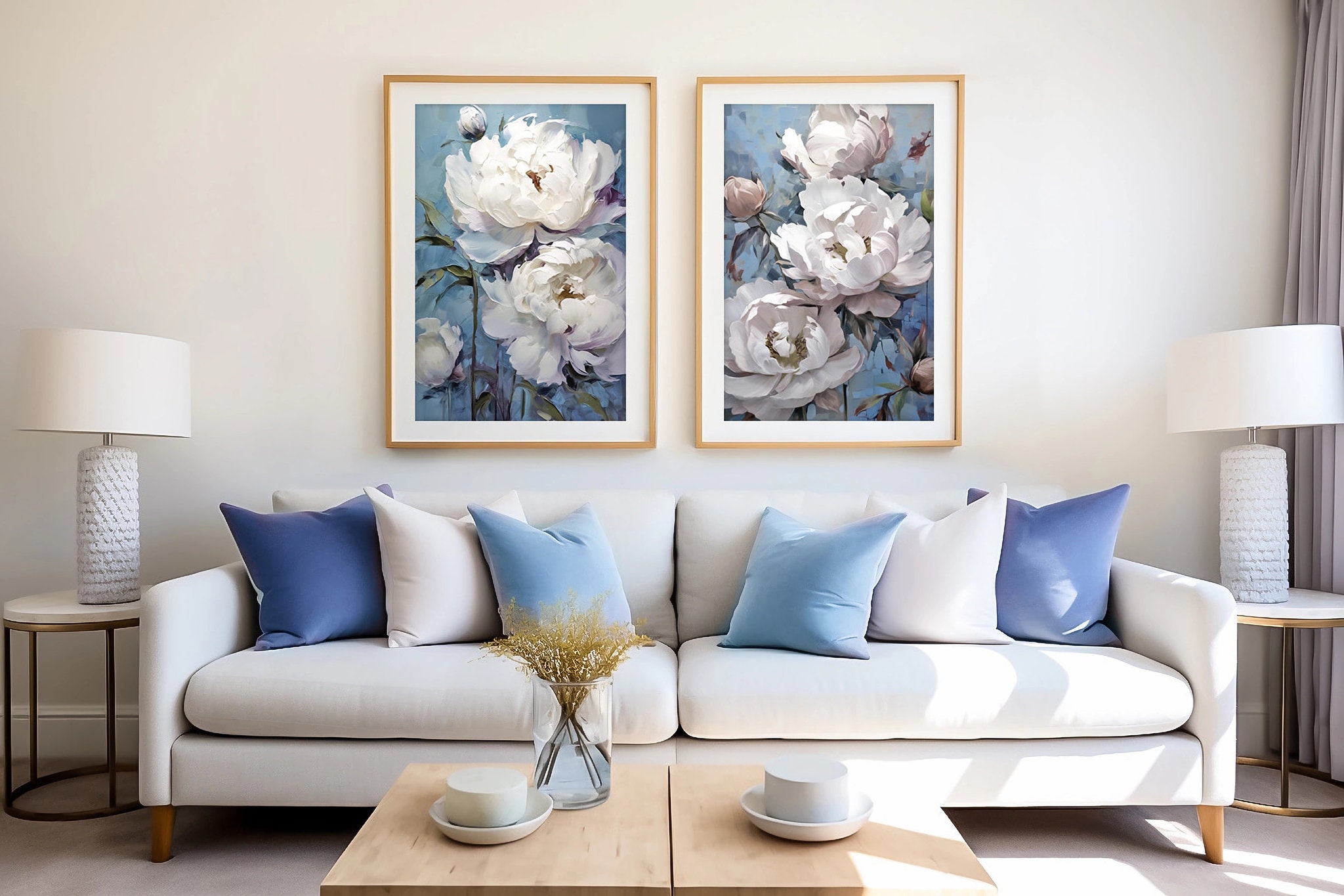 Set of 2 Pieces White Peonies Wall Art Printable Oil Painting Impasto ...