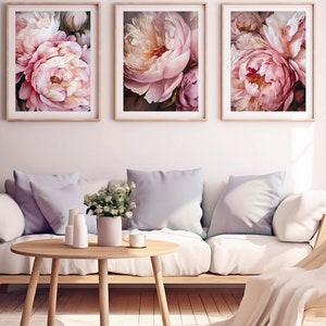 Pink Peony Print Poster Set of 3 Prints Peony Large Painting Pink Peony ...