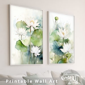 Lotus Watercolor Painting Set of 2 Print Botanical Wall Art Printable Water Lily Floral Posters Digital Download Artwork