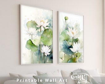 Lotus Aquarell Gemälde 2er-Set Print Botanische Wandkunst druckbare Seerose Blumenposter Digitaler Download Kunstwerk