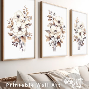 Set of 3 Prints Boho Printable Neutral Floral Wall Art Flowers Beige Minimalist Wall Decor Botanical Living Room Artwork Soft Tones Pastel