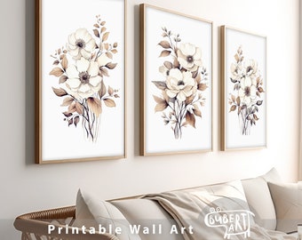 3er Set Neutrale Blumen Wandkunst Beige Minimalistische Wanddekoration Botanische Kunstwerk