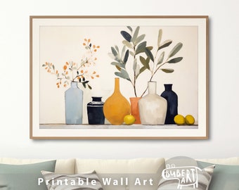 May include: A framed print of a still life featuring a vase of orange flowers and five ceramic vases in shades of blue, yellow, white, and black. The vases are arranged on a table with lemons in front of them.