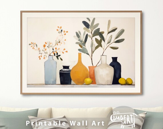 Naive Art Printable Still Life Oil Painting Olive Branches in Vases and Lemons Minimalist Horizontal Wall Art Print
