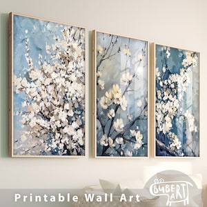桜の木の枝の絵画 3枚セット 春の庭の白い桜の花 印刷可能な油絵 花のポスター アート