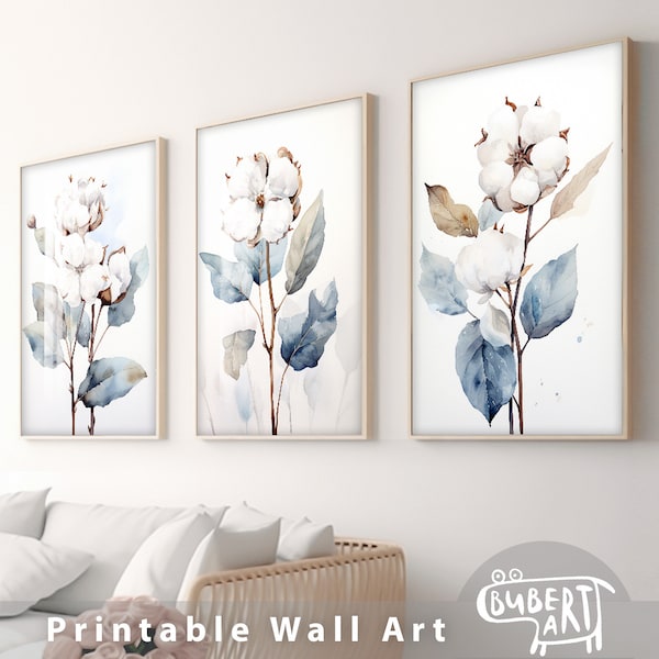 Cotton Branch Watercolor Painting Set of 3 Pieces Cotton Balls Neutral Minimalist Modern Printable Botanical Wall Decor Digital Download