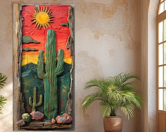Abstract Cactus on Sunset Canvas Print, Rustic West Wall Art, Arizona Wall Art, Cactus Painting, Cactus Poster, Rustic Wall Decor
