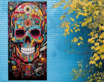 Puede incluir: Una vibrante y colorida impresión artística de calavera. La obra de arte presenta un diseño mecánico detallado con una amplia gama de colores, incluyendo azul, amarillo, rosa y naranja. Los dientes de la calavera son blancos y el fondo es negro.