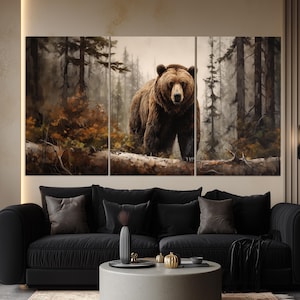Impressão em tela de urso pardo na floresta enevoada, arte de parede de ursos, pintura de urso, arte de parede de animais selvagens, impressão em tela grande de urso pardo imagem 3