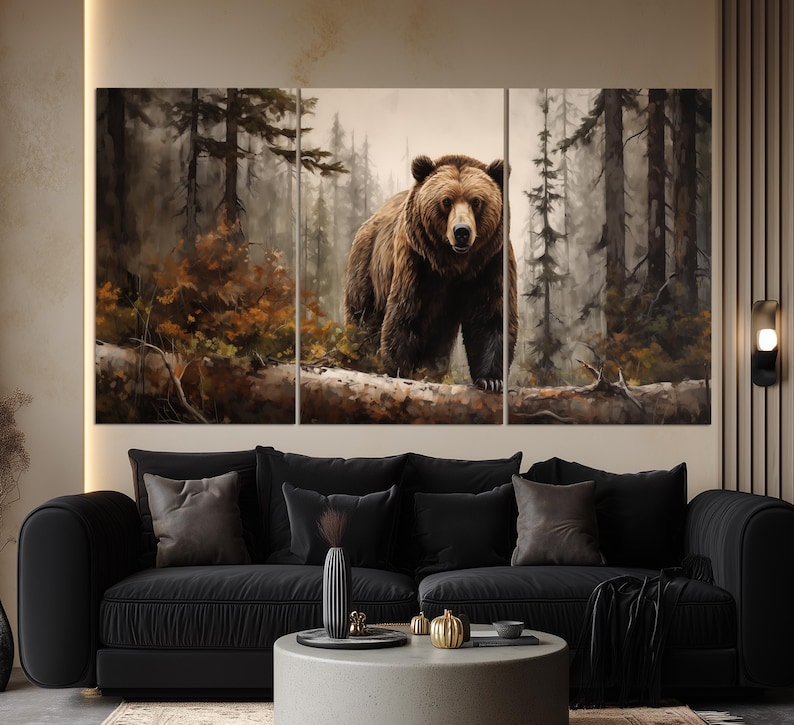 Impressão em tela de urso pardo na floresta enevoada, arte de parede de ursos, pintura de urso, arte de parede de animais selvagens, impressão em tela grande de urso pardo imagem 3