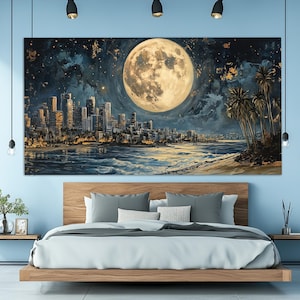 Abstract Tel Aviv Canvas Print in a Mystical Oil Painting Style, Moon over Tel Aviv Painting, Tel Aviv Wall Art, Israel Wall Art