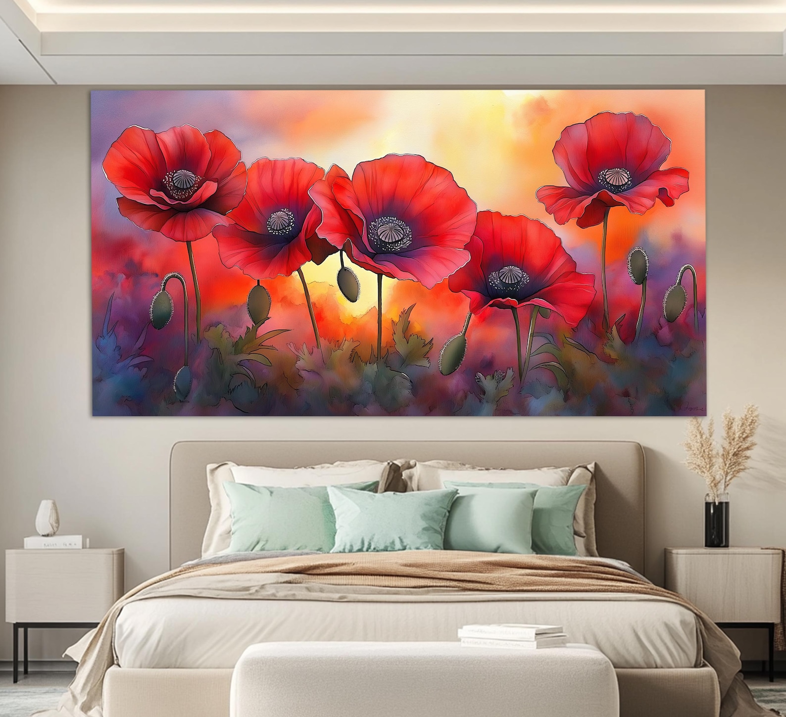 Scenic Poppy Flowers Canvas Print in a Painting Style, Red Floral Wall ...