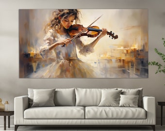 Girl Violinist Playing Violin Canvas Print in Vintage Oil Painting Style, Music Painting, Music Wall Art, Violinist Gift, Music School Decor