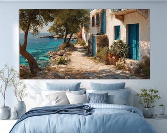 May include: A large canvas print depicts a coastal scene with white buildings, blue doors, and a stone pathway. The turquoise water and lush trees create a serene atmosphere. The artwork is displayed above a bed with blue bedding.