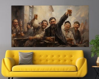 Vintage Pub Canvas Print, Men Drinking Beer Retro Painting, Beer Wall Art, Beer Lover Gift, Irish Pub Wall Decor, Kitchen Wall Decor