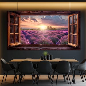 Lavender Field View from Open Window Canvas Print, Modern Home Decor, Lavender Field Print, Bedroom Wall Decor, Faux Window Poster image 8