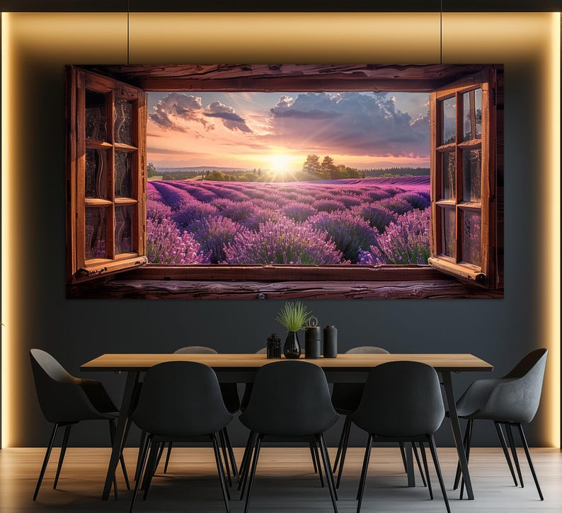 Lavender Field View from Open Window Canvas Print, Modern Home Decor, Lavender Field Print, Bedroom Wall Decor, Faux Window Poster image 8