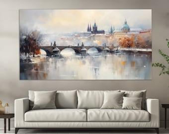 Prague Canvas Print in a Vintage Oil Painting Style, Abstract Prague Wall Art, Prague Painting, Czech Republic Wall Art, Czech Canvas Art