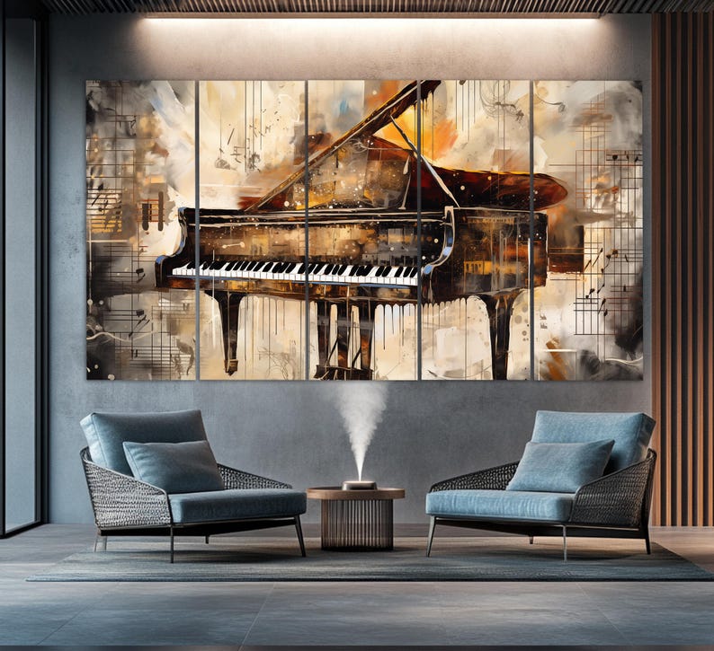 Abstract Grand Piano Canvas Print in Retro Painting Style, Music Wall ...