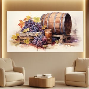 Vintage Wine Wall Art, Wine Barrel Watercolor Canvas Print, Wine Wall Art, Grape and Wine Painting, Vintage Wine Painting, Wine Wall Decor