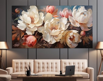 Canvas print pioenrozen bloemen, bloemen muur decor, romantische kunst aan de muur, abstracte pioenrozen schilderij, romantisch cadeau, pioenrozen afdrukken