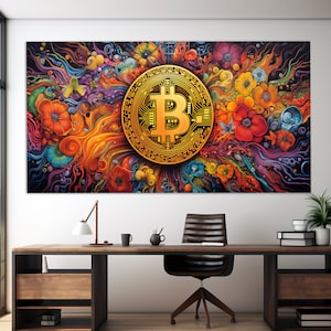 Bitcoin Wall Art, Abstract Bitcoin Canvas Print, Bitcoin in Flowers Painting, Crypto Trading Wall Art, Crypto Office Decor, Trader Gift