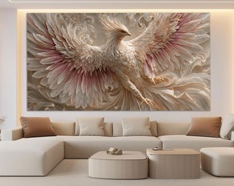 May include: A large, rectangular wall art piece featuring a detailed relief of a phoenix with outstretched wings. The artwork showcases a cream and pink color palette, with intricate feather and swirl details. The phoenix is the focal point.