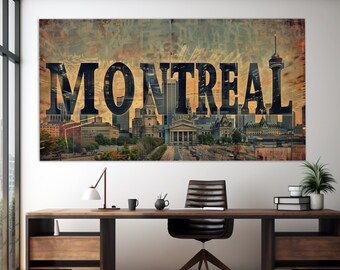 Puede incluir: Una impresión de estilo vintage con la palabra "Montreal" en letras negras en negrita sobre un fondo de paisaje urbano. La imagen tiene un aspecto descolorido y texturizado, lo que le da un toque retro.