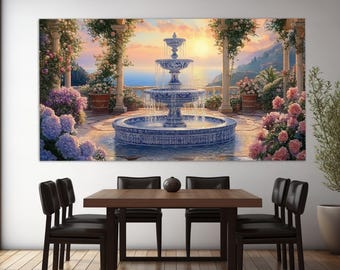 Fountain in the Villa on Lake Como, Italy Canvas Print, Italian Wall Decor, Lake Como Painting, Lake Como Wall Art, Lake in Italy Canvas Art