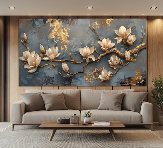 Wandbild Magnolia-Blüten | Handgemaltes Ölgemälde Auf Leinwand | Gold-Weiß Florale Deko Für Wohnzimmer & Schlafzimmer | 32,5 X 42,4 Cm