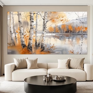 Schilderachtige herfst berkenbos canvasafdruk, berken muurkunst, neutrale tinten decor