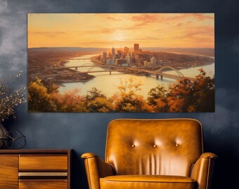 Pôr do sol de Pittsburgh - Impressão em tela abstrata em estilo de pintura a óleo vintage, Arte de parede de Pittsburgh, Pintura de Pittsburgh, Decoração de parede de Pittsburgh