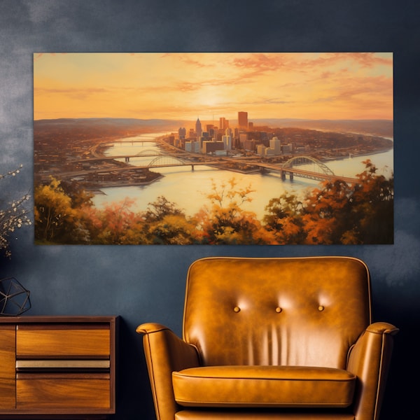 Pittsburgh Sunset Abstract Canvas Print in a Vintage Oil Painting Style, Pittsburgh Wall Art, Pittsburgh Painting, Pittsburgh Wall Decor