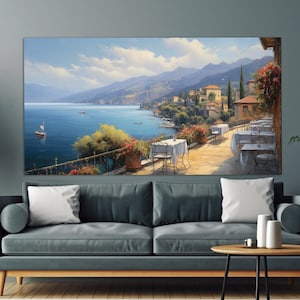 Cinque Terre Canvas Print in a Vintage Oil Painting Style, Cafe in Cinque Terre Neutral Colors Painting, Cinque Terre Wall Art, Italy