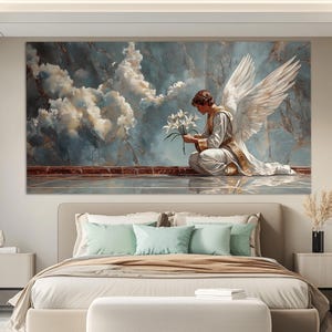 Saint Gabriel with the Annunciation Lily Flower Canvas Print in a Vintage Oil Painting Style, Religious Canvas Art, Religious Wall Art