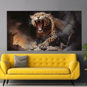 May include: A close-up of a snarling leopard with a spotted coat, its mouth open in a fierce roar. The leopard is standing on a rocky surface with a dark, smoky background.