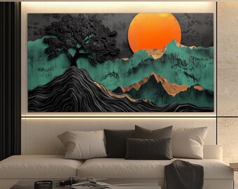 Abstract Sun Orange over Mountains Canvas Print, Boho Sun Poster, Boho Wall Art, Abstract Canvas, Mid Century Decor, Mid Century Wall Art