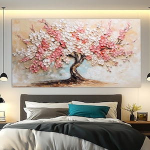 風景の桜の花のキャンバスプリント、桜の絵、柔らかいピンクの色調の壁アート、桜の花の絵のキャンバスプリント