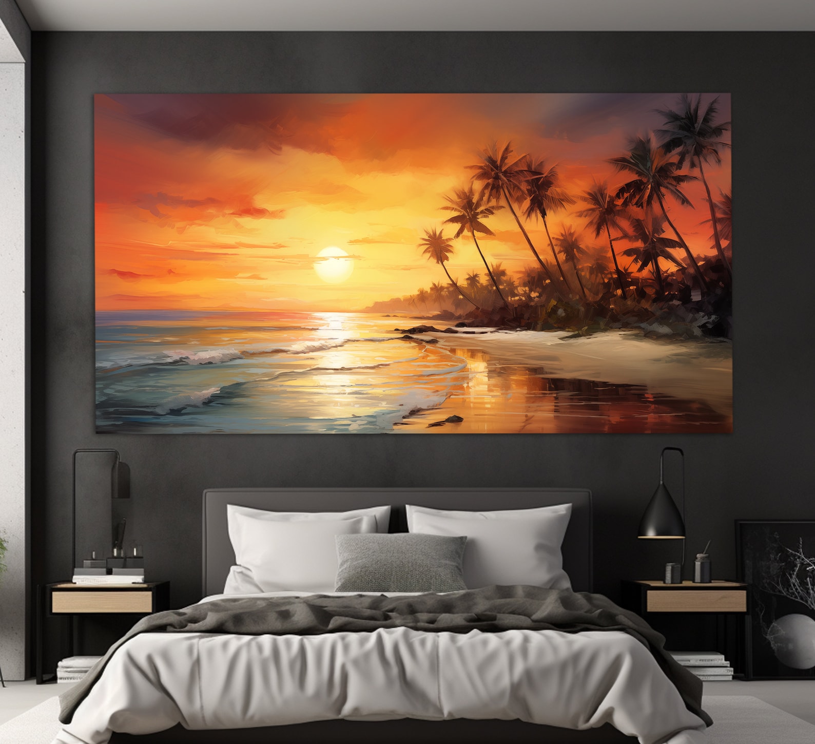 Sunset on Tropical Beach Canvas Print, Ocean Beach Wall Art, Palms on ...