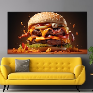 Juicy Hamburger Canvas Print, Hamburger Poster, Kitchen Wall Decor, Hamburger Wall Art, Fast Food Restaurant Wall Decor, Hamburger Print
