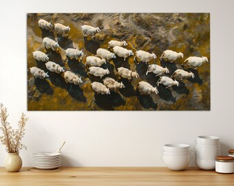 Canvasafdruk kudde schapen, boerderijdieren kunst aan de muur, schapen schilderij, schapen poster, kunst aan de muur schapen, boerderij muur decor