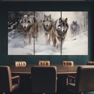 May include: A triptych canvas print featuring a group of four grey wolves walking through a snowy forest. The wolves are in the foreground of the image, and the forest is in the background. The image is painted in a realistic style.