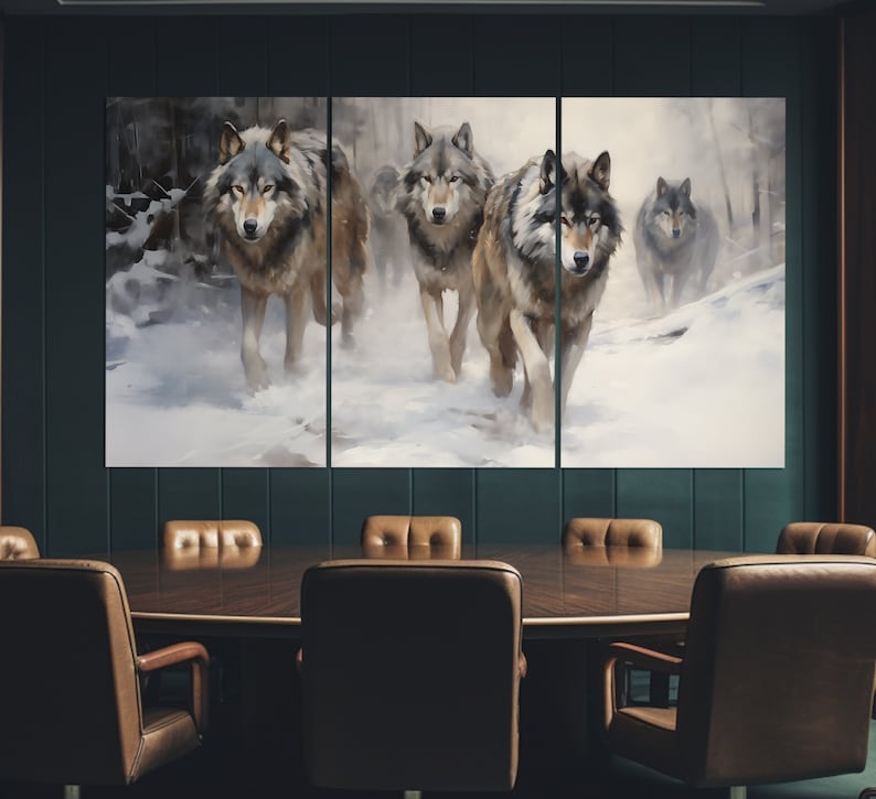 May include: A triptych canvas print featuring a group of four grey wolves walking through a snowy forest. The wolves are in the foreground of the image, and the forest is in the background. The image is painted in a realistic style.