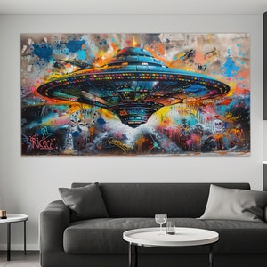 UFO Wall Art, Flying Saucer Canvas Print, Abstract UFO Poster,UFO Painting, Ufologist Gift, UfO Print, Alien Wall Art, Alien Canvas Print