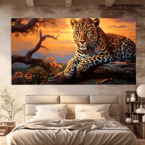 Szenische Leopard Leinwanddruck, Leopard Malerei, Tiere Wandkunst, Leopard Poster, Wilde Tiere Leinwanddruck