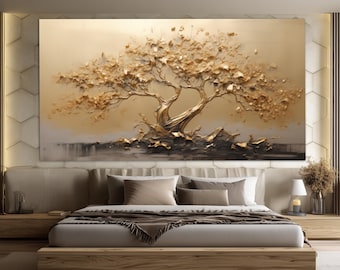 Golden Bonsai Tree Canvas Print, Abstract Tree Painting, Luxury Wall Decor, Modern Office Wall Decor, Bonsai Canvas Print, Bonsai Poster
