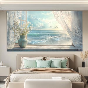 Malerischer Meerblick vom offenen Fenster Leinwanddruck, Nautische Wandkunst, Möwen über Meer Leinwanddruck, Schlafzimmer-Wanddekoration, Kunst-Fensterplakat