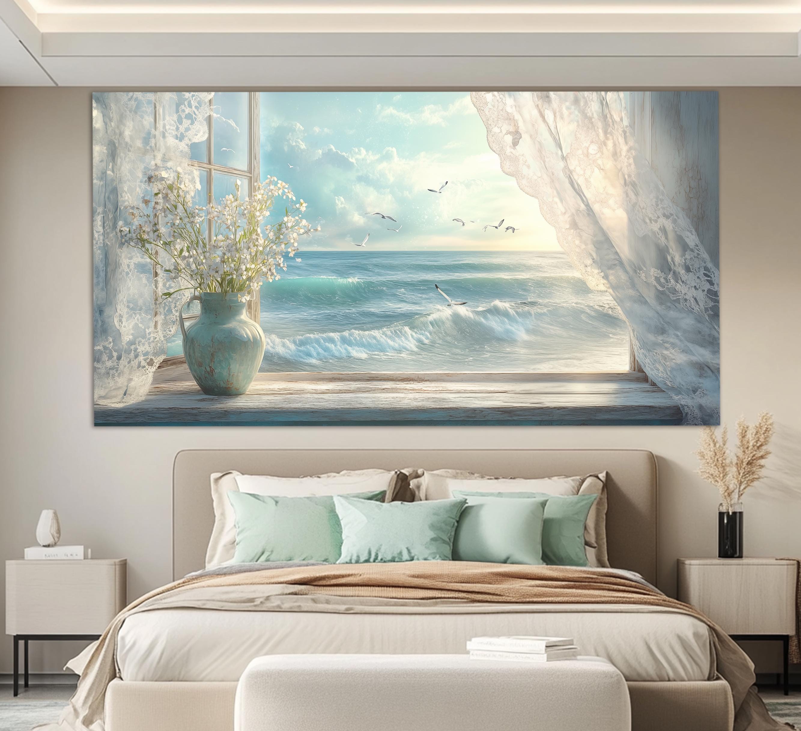 Scenic Sea View from Open Window Canvas Print, Nautical Wall Art, Seagulls over Sea Canvas Print, Bedroom Wall Decor, Faux Window Poster