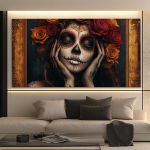 Beautiful Lady on Day of the Dead Canvas Print, Abstract Day of the Dead Painting, Mexican Wall Art, Day of the Dead Wall Art